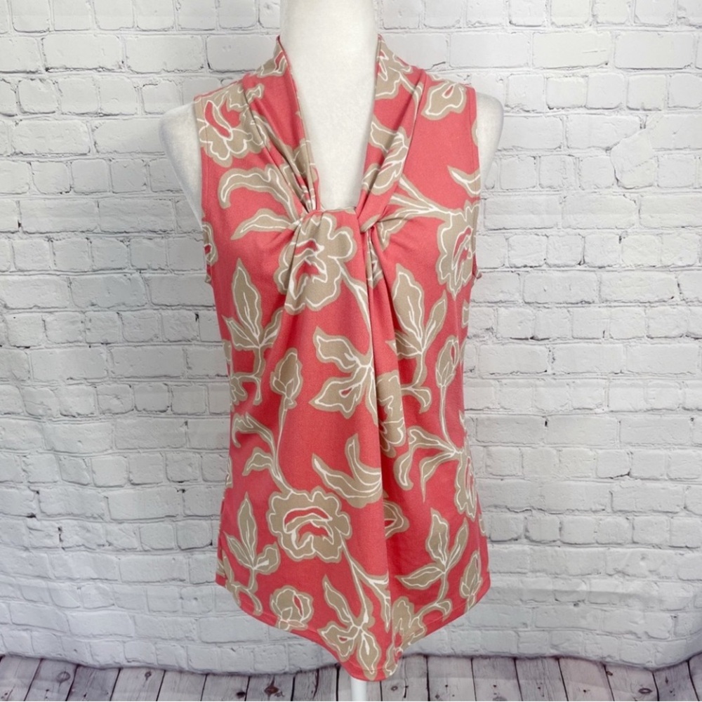 ANN TAYLOR Pink & Tan V-Neck Knotted Sleeveless Stretchy Career Blouse - MEDIUM